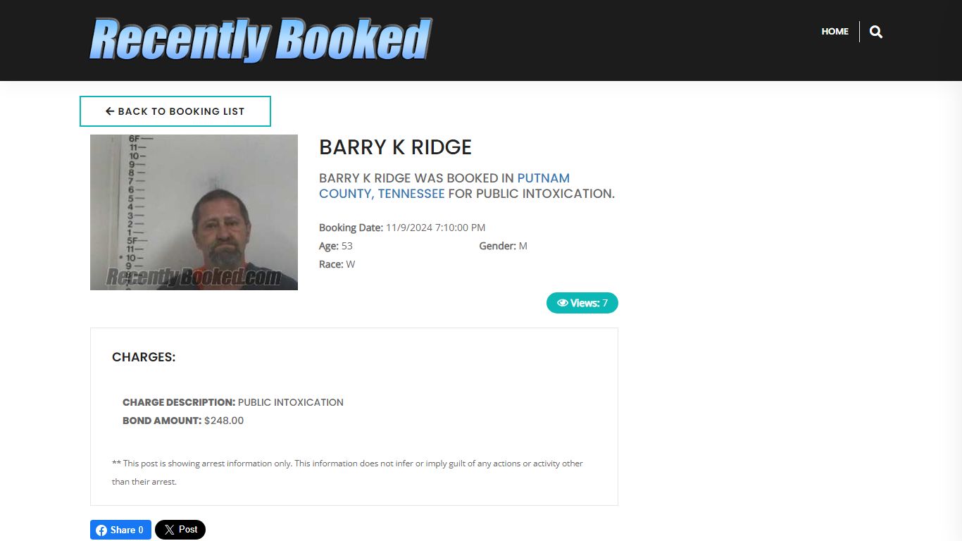 Recent Booking / Mugshot for BARRY K RIDGE in Putnam County, Tennessee